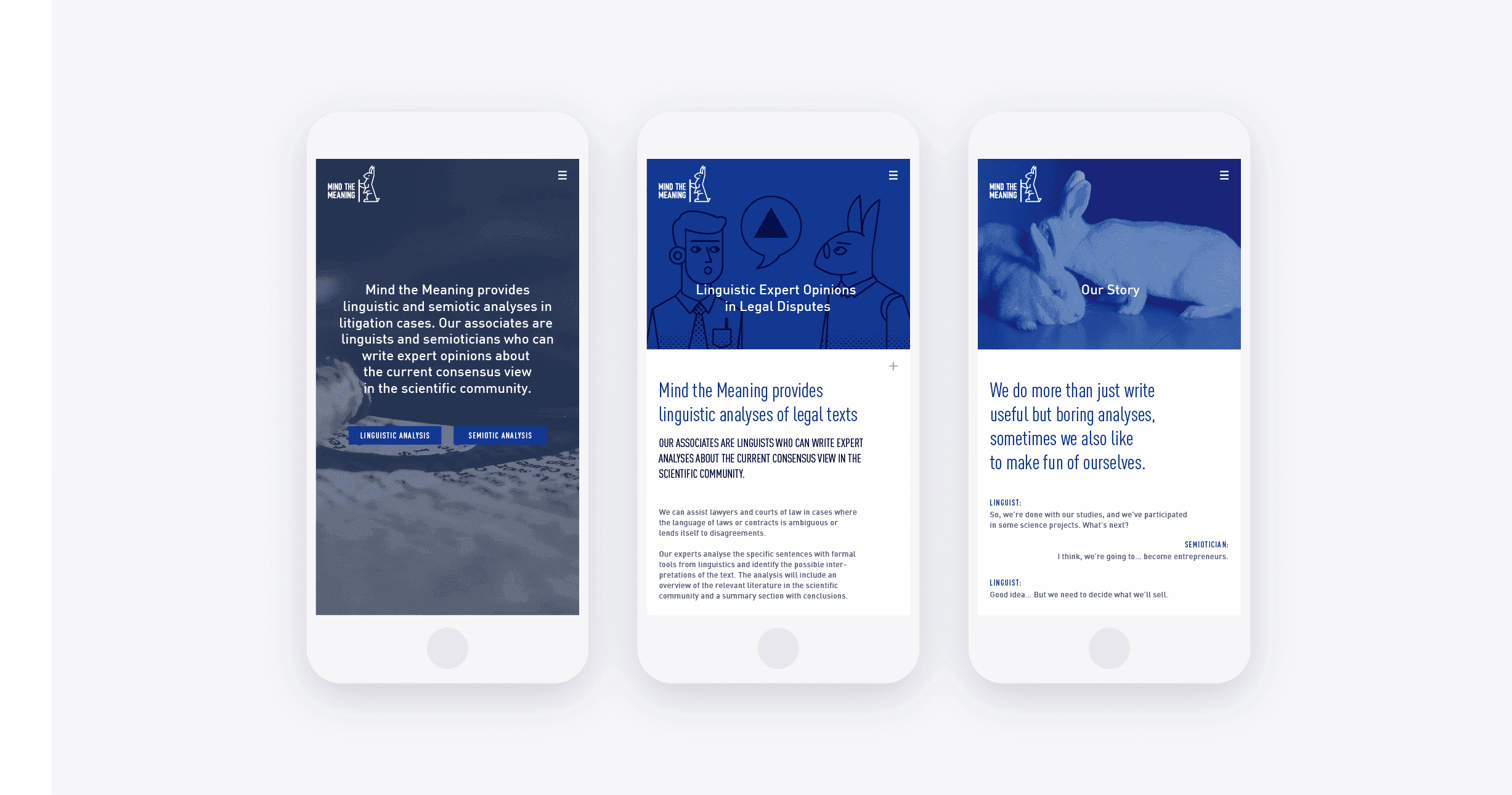 Three mobile website views with blue photography and legal service information.