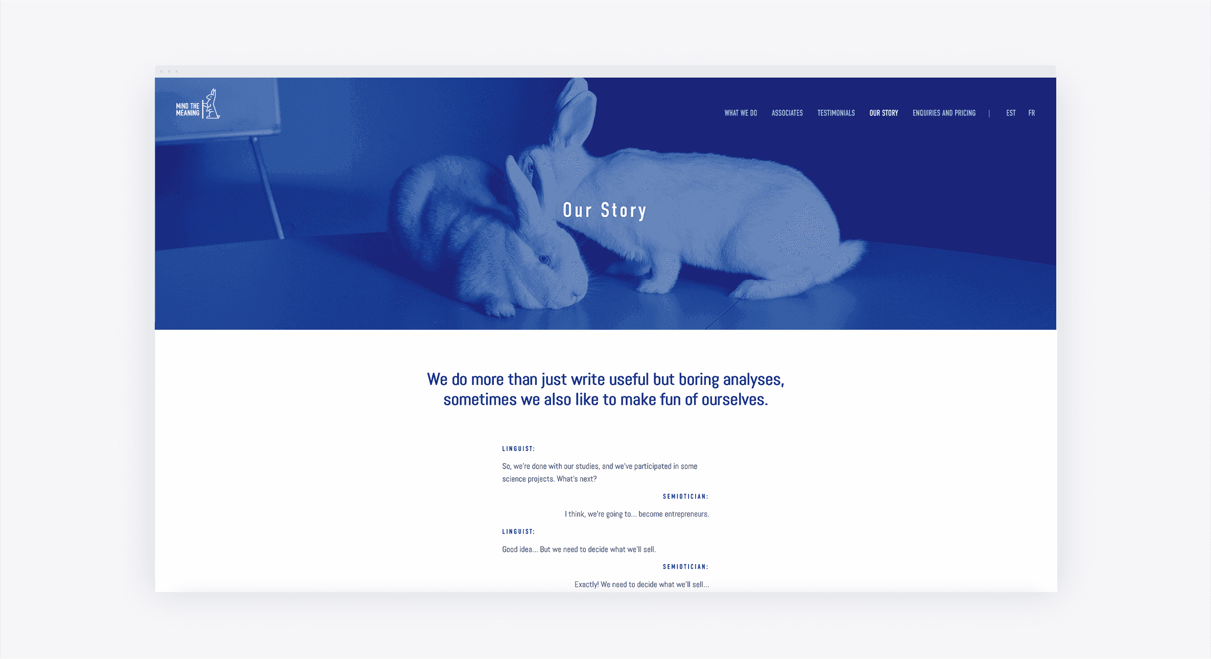 Our Story webpage with a rabbit sculpture and a statement about analysis.