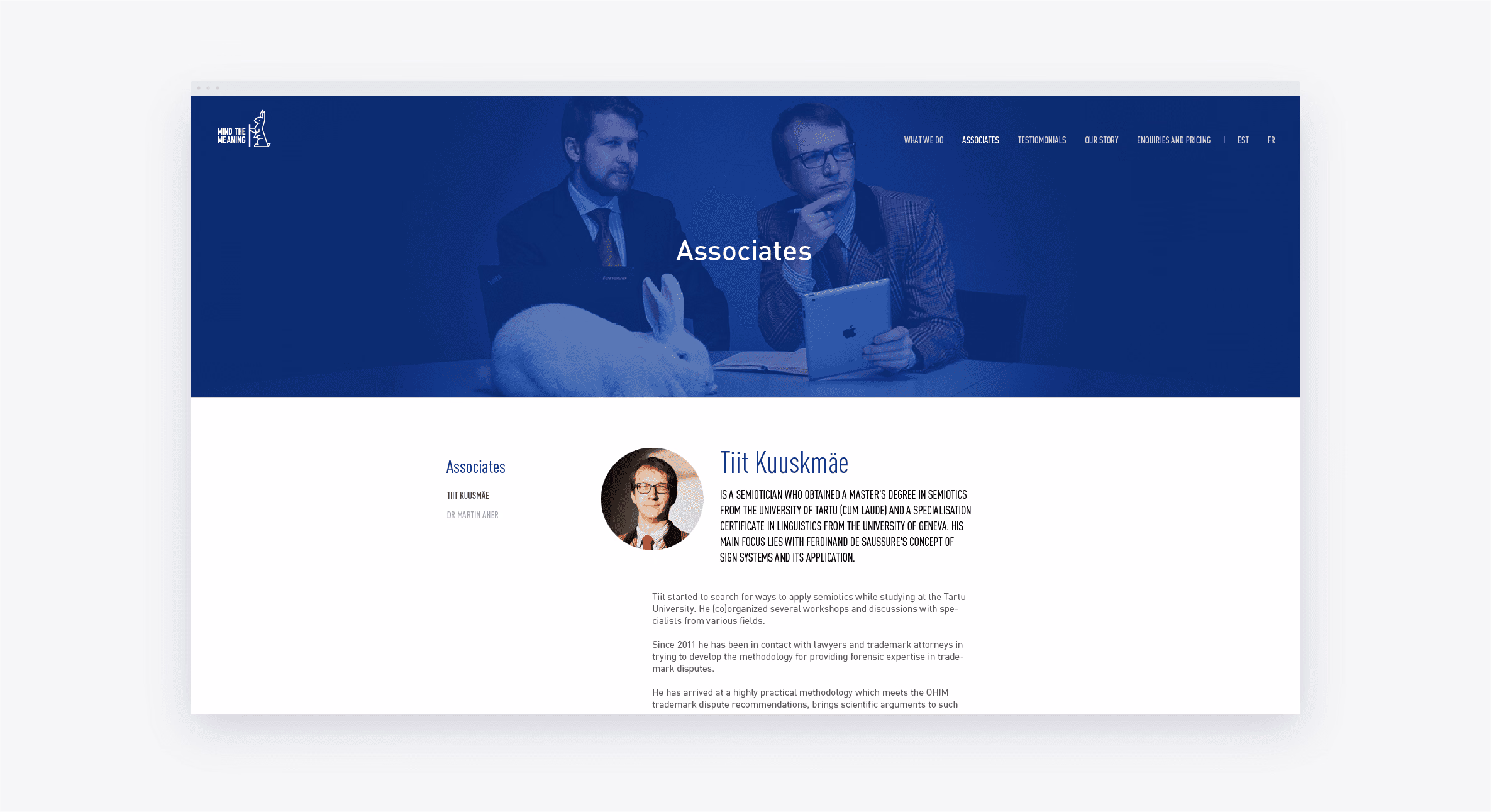 Associates webpage with a team photograph and profile.