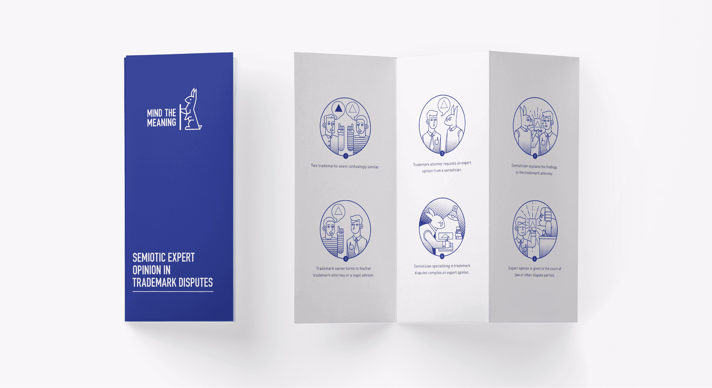 Folded brochure combining blue panels and circular rabbit illustrations.