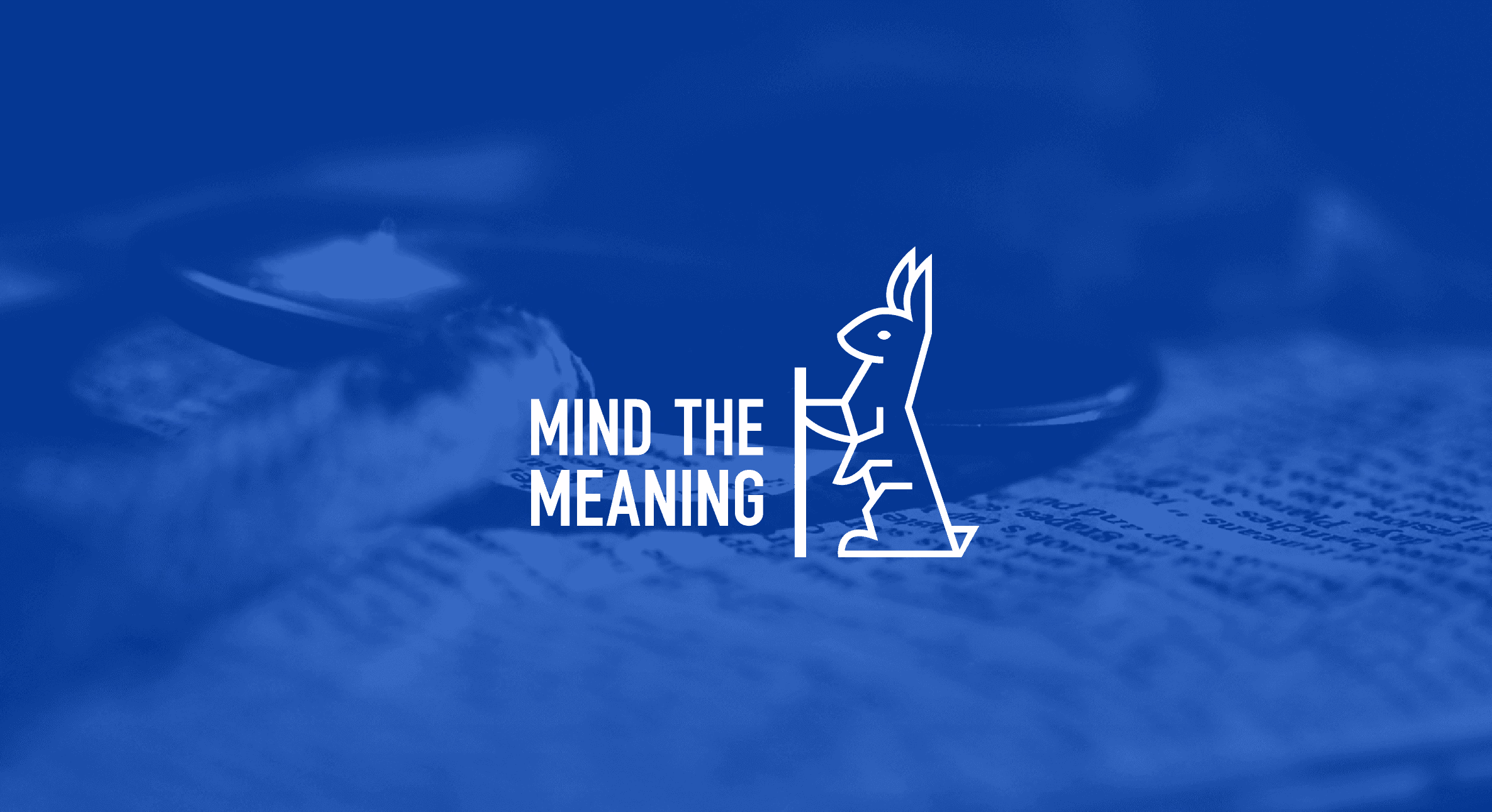 Mind the Meaning rabbit symbol and wordmark over a blue-tinted document photograph.
