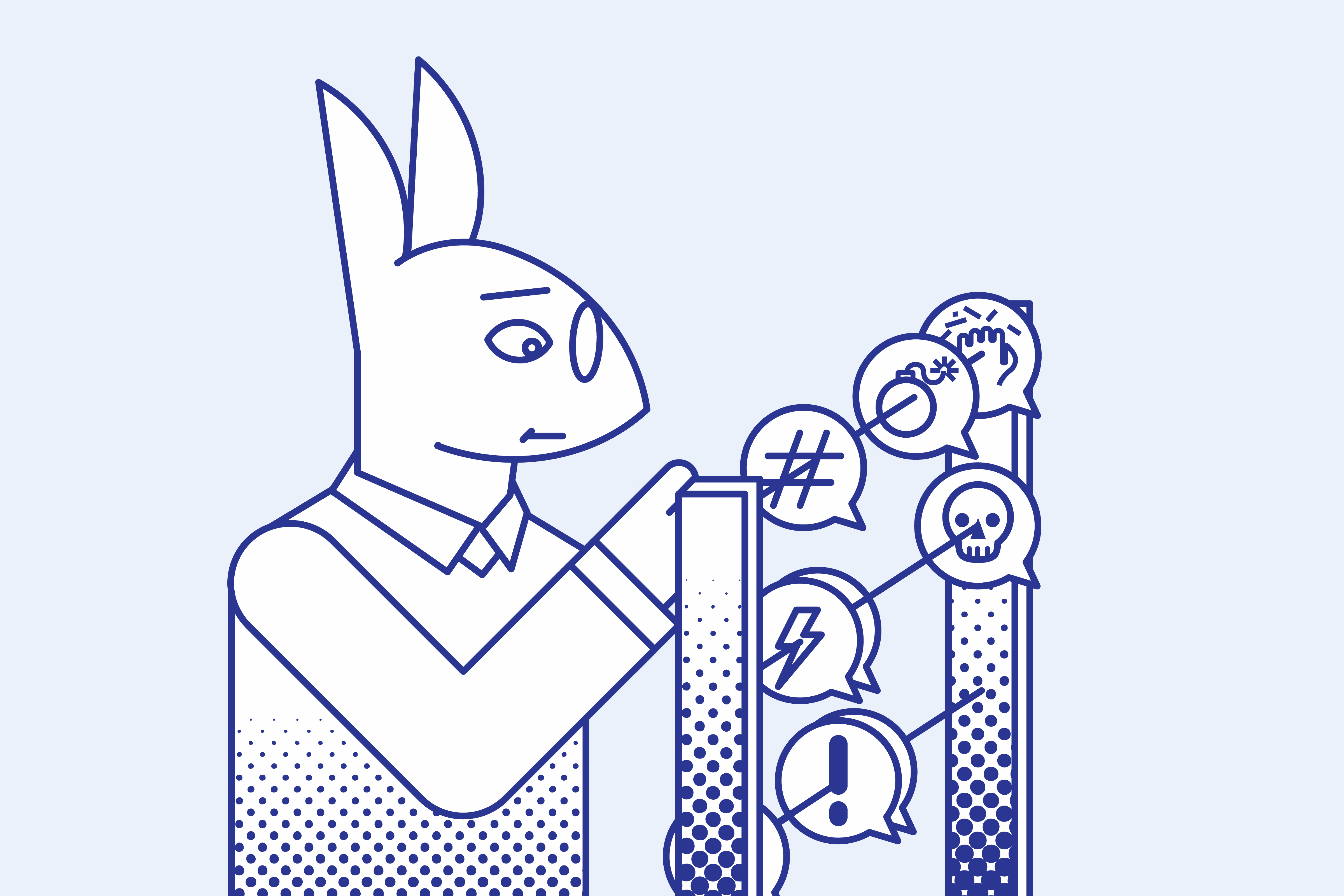 Rabbit mascot inspecting a group of trademark symbols.